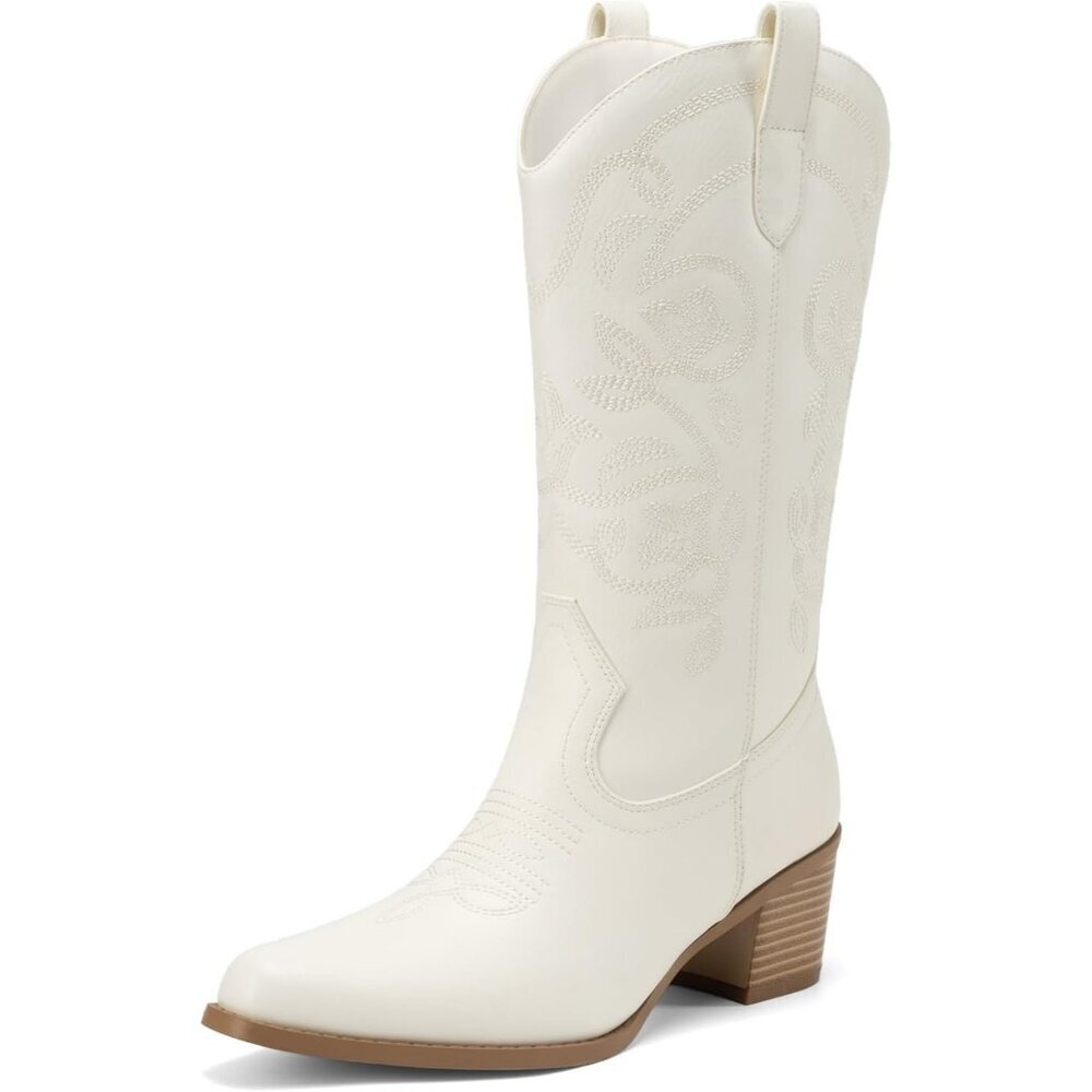 Dream Pairs Women's White Cowgirl Western Boot Fashion Embroidery Mid Calf Boots